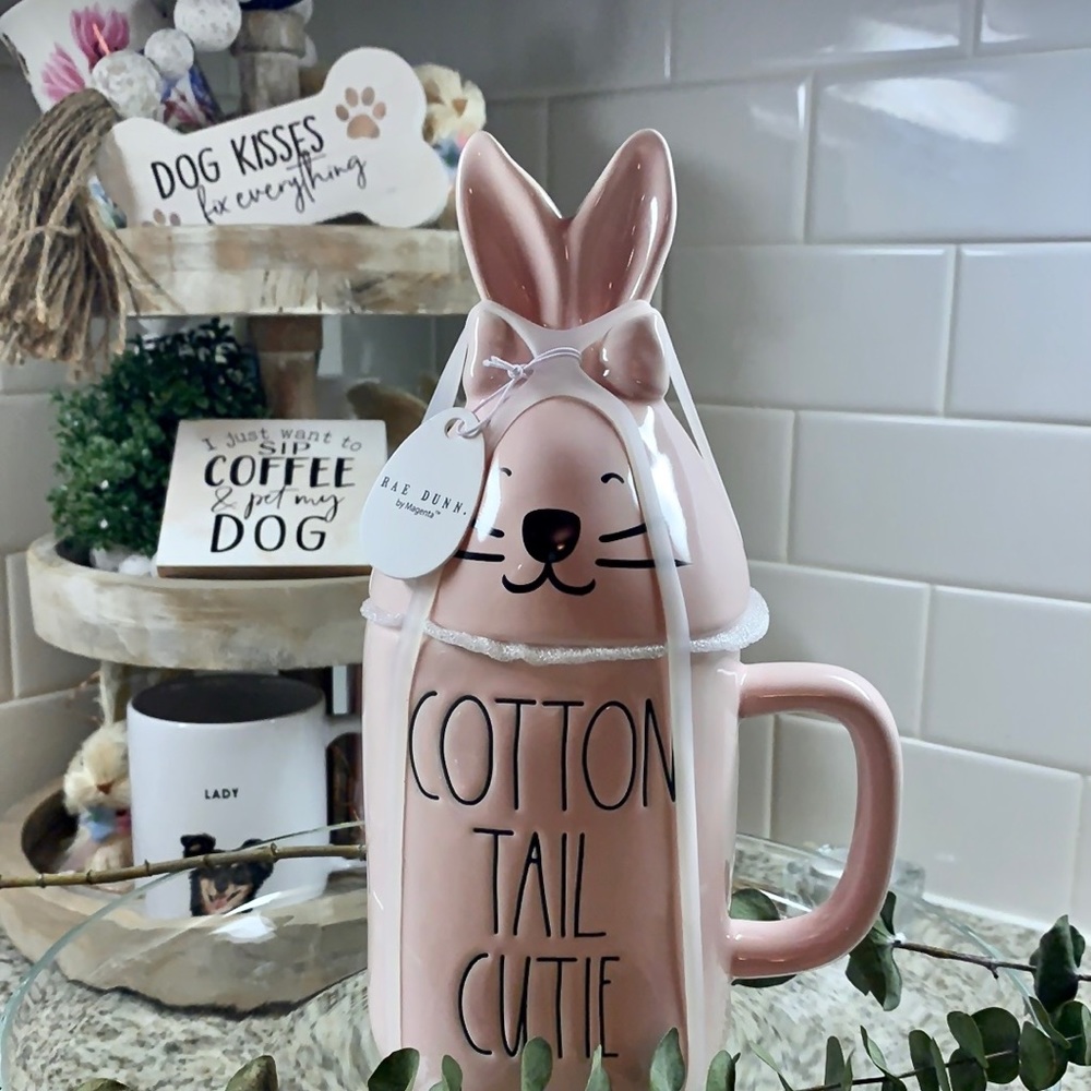 Rae Dunn tall mug with bunny girl Lid